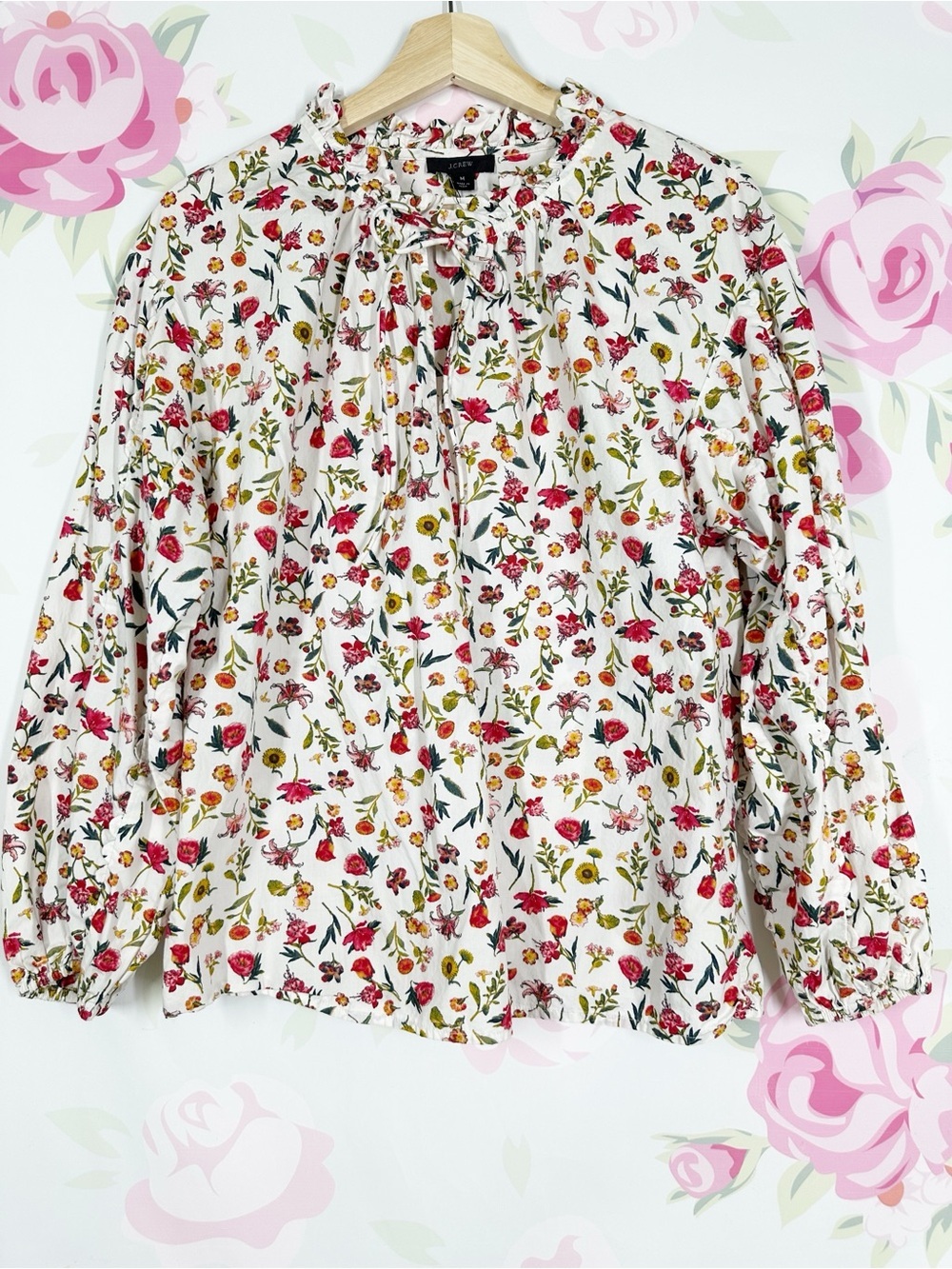 J. Crew Cream Floral Tie-Neck Blouse with Pink Yellow Blooms Top M